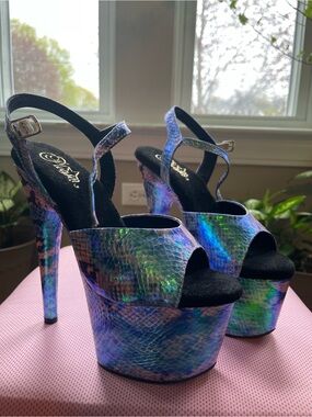 NIB Pleaser Adore-709SP Blue Holo Snake Print | 7" Heel | Size 9